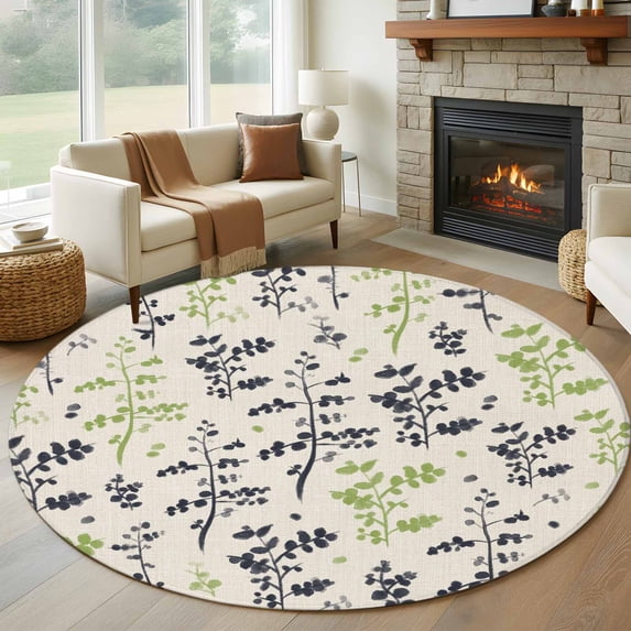 Grey Green Botanical Round Area Rug 6Ft Washable Circle Rugs for Bathroom Office, Rustic Country Spring Floral Summer Leaf Non-Slip Carpet Floor Mats Indoor Outdoor Carpet Runner Aesthetic Home Decor