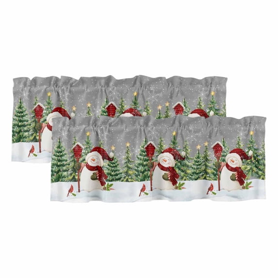 Grey Green Snowman Christmas Curtain Valances for Windows, Kitchen Valance Window Treatments Panel 2 Pack, Xmas Tree Snowflake Winter Rod Pocket Short Curtains for Bathroom Bedroom 60 x 18 Inch