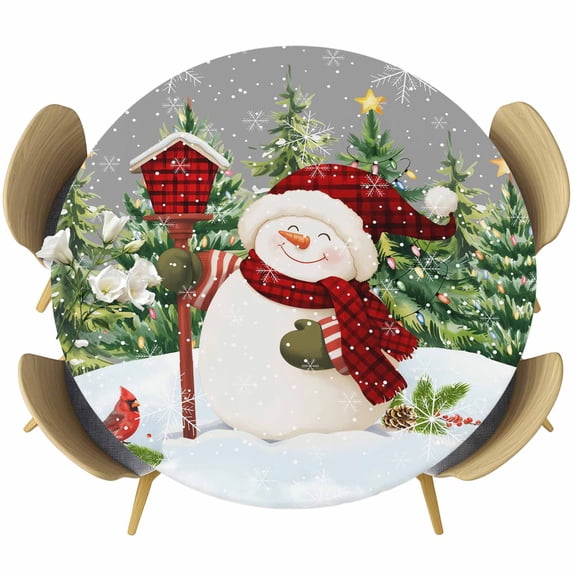 Grey Green Snowman Christmas Round Tablecloth, Fitted Table Cover with Elastic for 36"-44" Round Tables, Xmas Tree Snowflake Winter Table Cloth Outdoor Indoor Dinning Party Waterproof Tablecloths