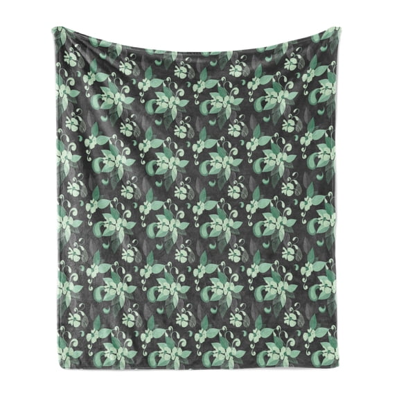 Grey and Green Soft Flannel Fleece Blanket, Nostalgic Flowers in Abstract Style Leaves Blossoms Flourishing Nature, Cozy Plush for Indoor and Outdoor Use, 60" x 80", Grey Mint Green, by Ambesonne