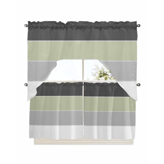 Grey Green Striped Kitchen Curtain and Valance Set 3 Pieces, Rod Pocket Short Tier Curtains 24 Inch Length, Farmhouse Modern Swag Topper Small Window Treatment for Cafe Bathroom Bedroom
