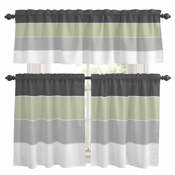 Grey Green Striped Kitchen Curtains Sets for Windows 36 Inch Length, Farmhouse Modern Rod Pocket Window Treatments Tier Curtains and Valances Set for Bedroom/Bathroom