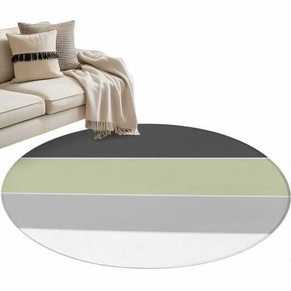 Grey Green Striped Round Area Rug 3 FT, Small Kitchen Bathroom Mat, Farmhouse Modern Washable Indoor Outdoor Throw Runner Carpet Non-Shedding Doormat for Table Shower Sofa Entryway
