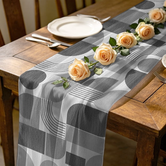 Grey Grid Blocks 10 ft Cheesecloth Table Runner for Wedding 27"x120", Boho Abstract Art Geometric Minimalist Arch Lines Kitchen Dinner Sheer Tulle Chiffon Dresser Scarf, Holiday Party Decorations