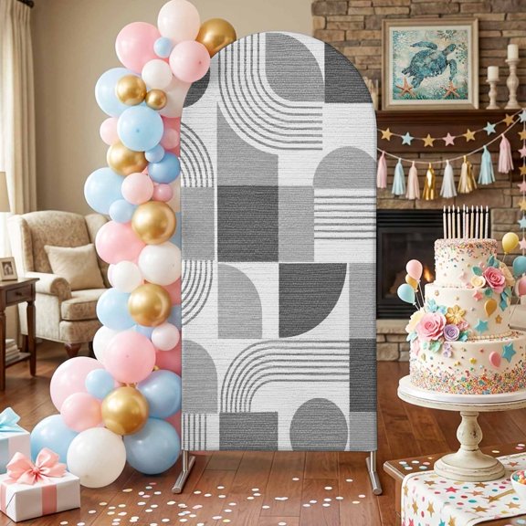 Grey Grid Blocks Arch Backdrop Covers 4 FT, Boho Modern Abstract Art Geometric Minimalist Arch Lines Stretchy Fitted Arched Stand Covers Party Arch Stand Cover Photo Booth for Wedding Birthday Decor