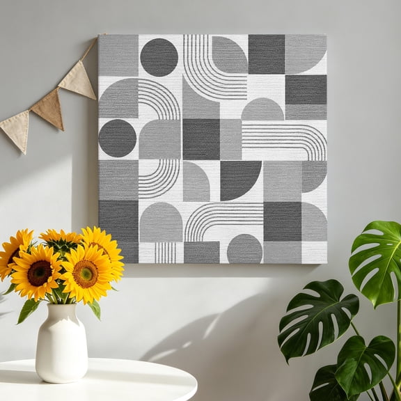 Grey Grid Blocks Canvas Wall Art for Living Room, Boho Modern Abstract Art Geometric Minimalist Arch Lines Poster Print Painting for Bedroom Office Home Decoration Wall Pictures Prepare To Hang 8"x8"