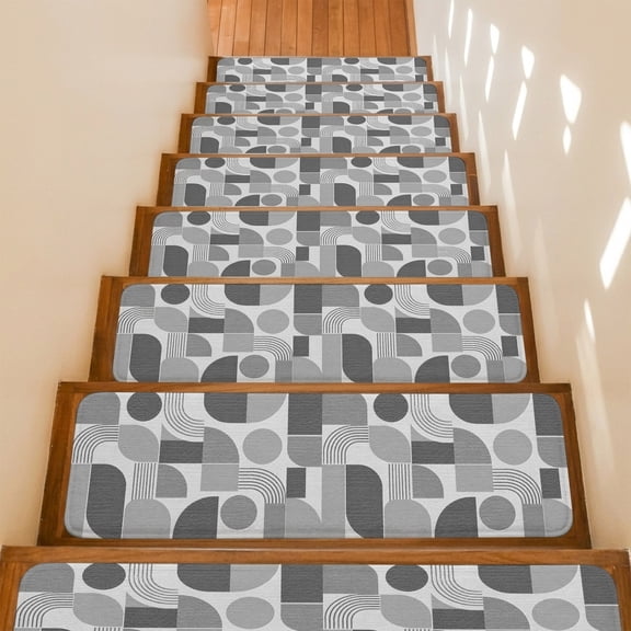 Grey Grid Blocks Non-Slip Stair Treads for Wooden Steps, 15 Pack 8x30 Inches Carpet Stair Mats with Adhesive Backing, Noise-Reducing Step Covers for Indoor Stairs, Easy to Install & Residue-Free