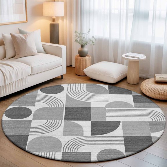 Grey Grid Blocks Small Round Rug 3Ft Boho Modern Abstract Art Geometric Minimalist Arch Lines Area Rugs Washable Non Slip Indoor Floor Mats Circle Carpet for Living Room Bedroom Dining Room Decor
