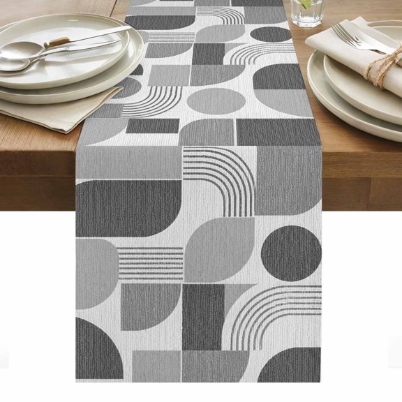 Grey Grid Blocks Table Runner, Boho Modern Abstract Art Geometric Minimalist Arch Lines Washable Kitchen Table Runners for Dining Table Decorations Party/Restaurant/Indoor Outdoor Use, 13x36in