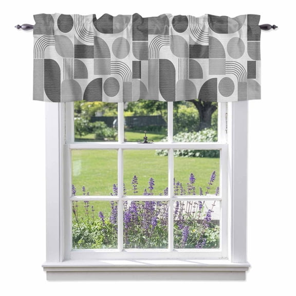 Grey Grid Blocks Valance Curtain 1 Panel, Boho Modern Abstract Art Geometric Minimalist Arch Lines Kitchen Valance with Rod Pocket Window Treatment Short Curtains for Bathroom Bedroom, 42 x 12 Inches