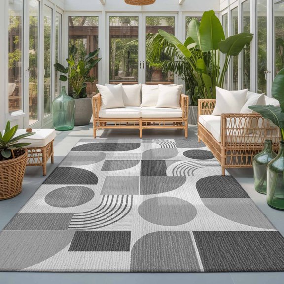 Grey Grid Blocks Washable Living Room Rugs 5'x8', Boho Modern Abstract Art Geometric Minimalist Arch Lines Washable Large Area Rug Non-Slip Sturdy Edge Binding Carpet for Living Area Kitchen Office