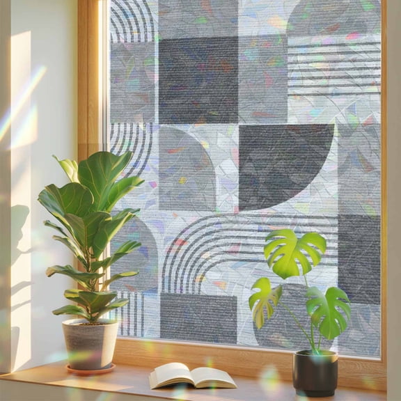 Grey Grid Blocks Window Privacy Film, Boho Modern Abstract Art Geometric Minimalist Arch Lines Stained Glass Rainbow Film Decorative Window Clings, Static Cling Sun Blocking Stickers 17.7" x 39.3"