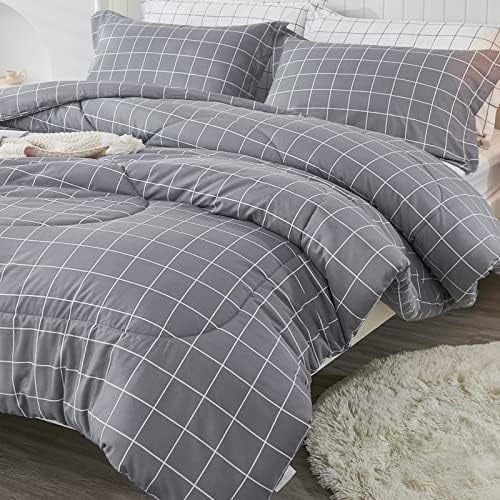 Grey Grid Comforter Set King Size (104x90 inch), 3 Pieces (1 Grey Comforter and 2 Pillowcases), Summer Lightweight Microfiber Down Alternative Bedding Comforter Sets with White Lines