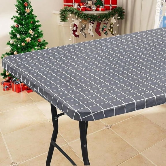 Grey Grid Pattern Vinyl Tablecloth, Elastic Fitted Flannel Backed Cover For 6ft Folding Tables, Waterproof Indoor Outdoor Use