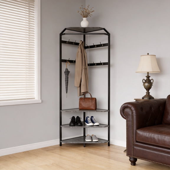 Grey Hall Tree with 6 Double Hooks, Entryway Storage Bench with Shelf, Corner Coat Rack with Shoe Bench, Wooden Hanger Stand for Jackets, Hats and Shoes