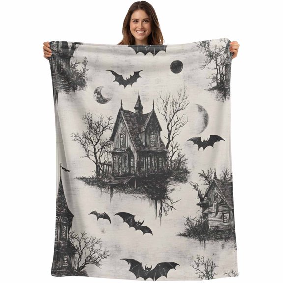 Grey Halloween Blanket Soft Cozy Warm Throw Blanket for Couch, Plush Fuzzy Flannel Blankets for Sofa, Castle Bat Vintage Bare Trees Bed Blankets Lightweight Gifts for Women, 30"x40"