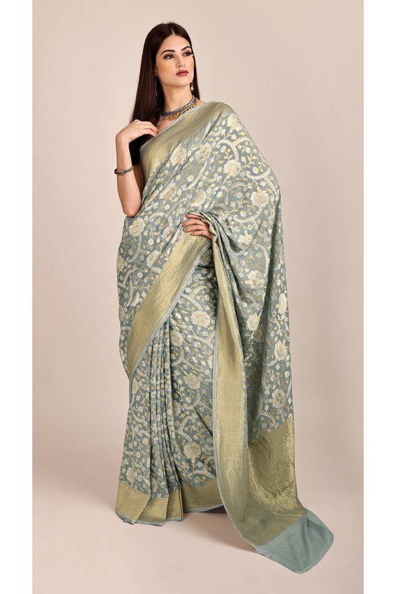 Grey Handloom Pure Chiffon Banarasi Sari with Brocade Weave