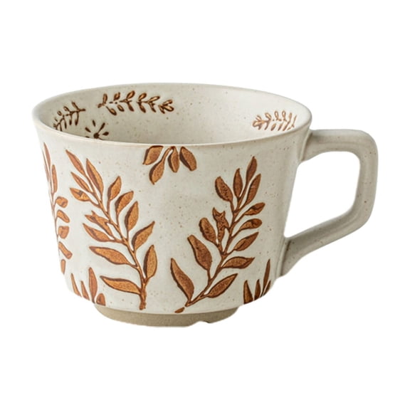 Grey Handmade Ceramic Coffee Cup Stoneware Embossed Leaves Pattern Large Capacity Mug For Home Office Drinking
