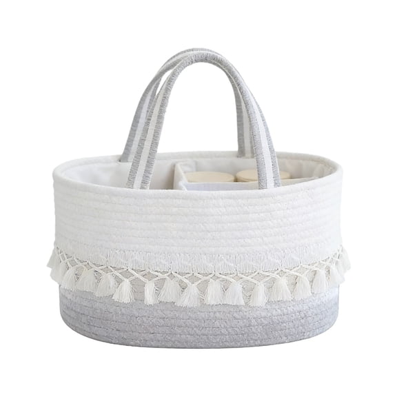 Grey Handwoven Diaper Basket, Cotton Rope Storage Basket With Tassel And Partition, Portable Toy Organizer For Kids Items, Home Decor And Nursery Storage, Detachable Handles
