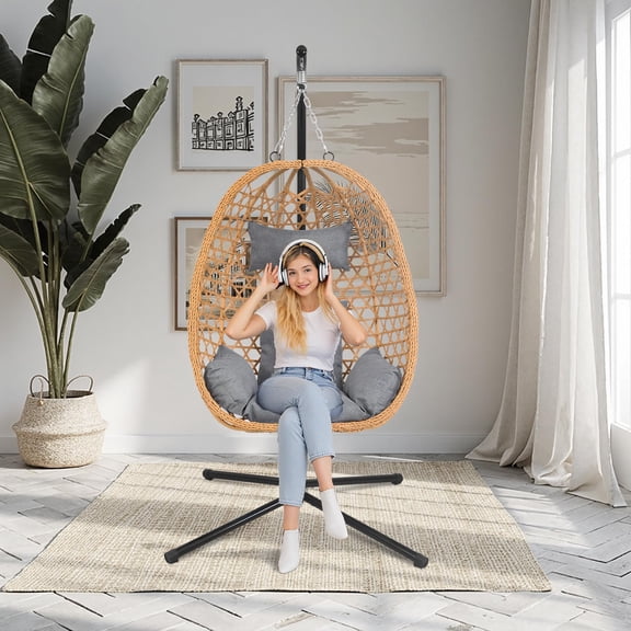 Grey Hanging Egg Chair With Stand, All-Weather Rattan, 350 Lb Capacity