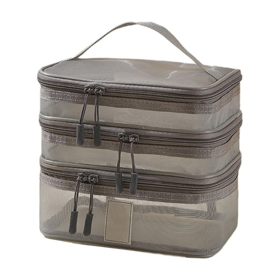 Grey Hanging Travel Organizer Bag With Mesh Sections For Toiletries And Beauty Products Compact When Empty Expands To Hold All Your Essentials