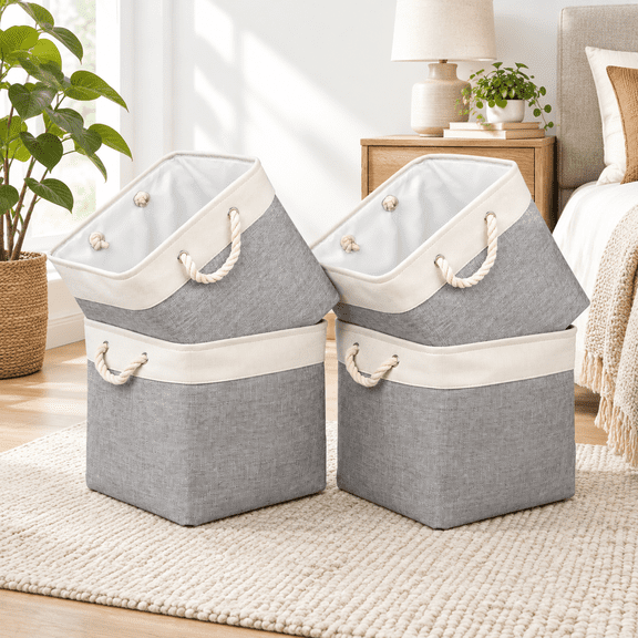 Grey Hard Bottom 13 Inch Linen Fabric Foldable Storage Cube Basket