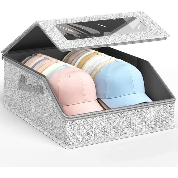 Grey Hat Storage for Baseball Caps, Stackable Hat Organizer for Closet | Holds up to 24 Caps, , With Clear Window, Flip-Top Access, with Handles & Hollow Board Support