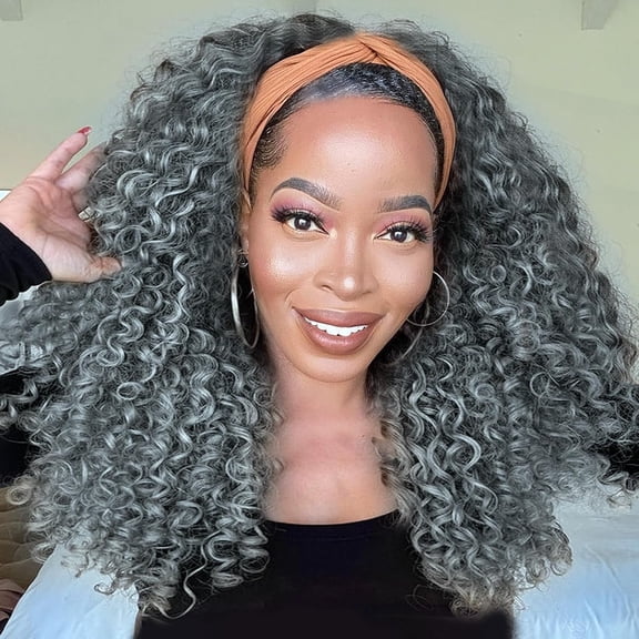 Grey Headband Wig 12 Inch Kinky Curly Headband Wigs for Black Women None Lace Front Gray Curly Half Wig Wear and Go Glueless Wig