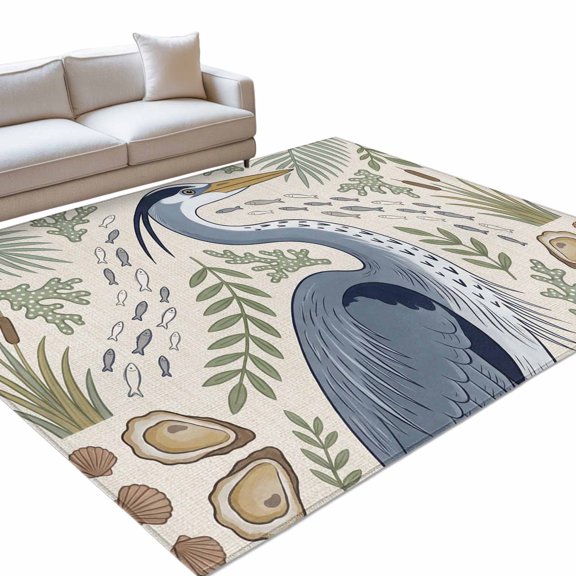Grey Heron Area Rug, Vintage Green Leaf Wooden Grain Reed Stems Rustic Farm Non-Slip Felt Rubber Backing Rectangle Indoor Carpet Washable Rugs for Living Room Bedroom 4x6ft