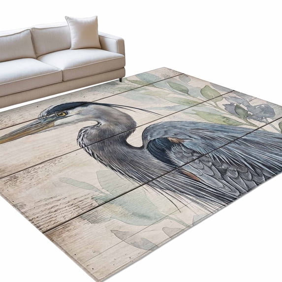 Grey Heron Area Rugs 6x9ft Green Leafy Branches Wooden Grain Rustic Farmhouse Floor Rug Non Slip Low Pile Ultra Soft Throw Carpet for Entryway Indoor Entrance Kitchen Bathroom