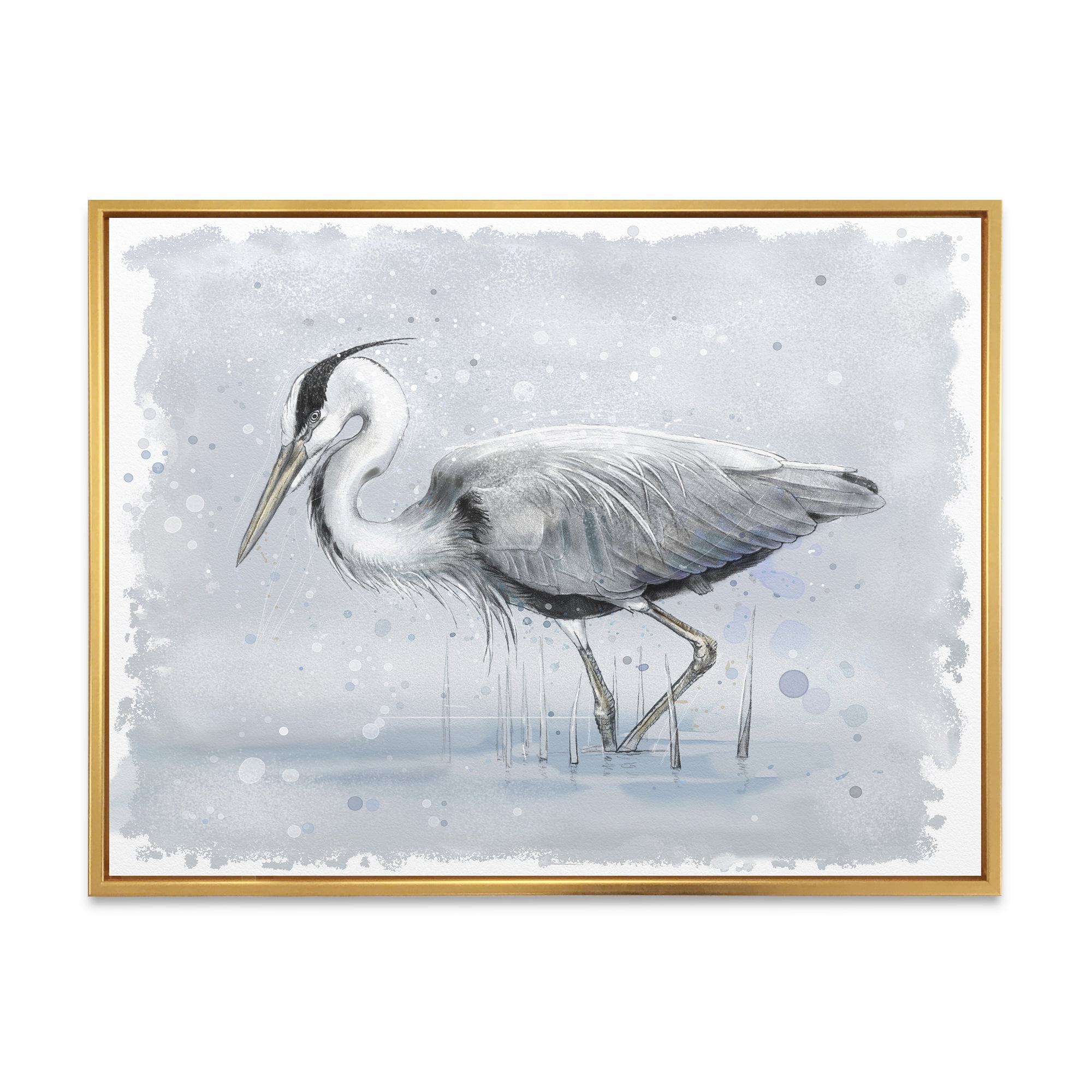 Grey Heron Bird In Lake 20 in x 12 in Framed Painting Canvas Art Print, by Designart