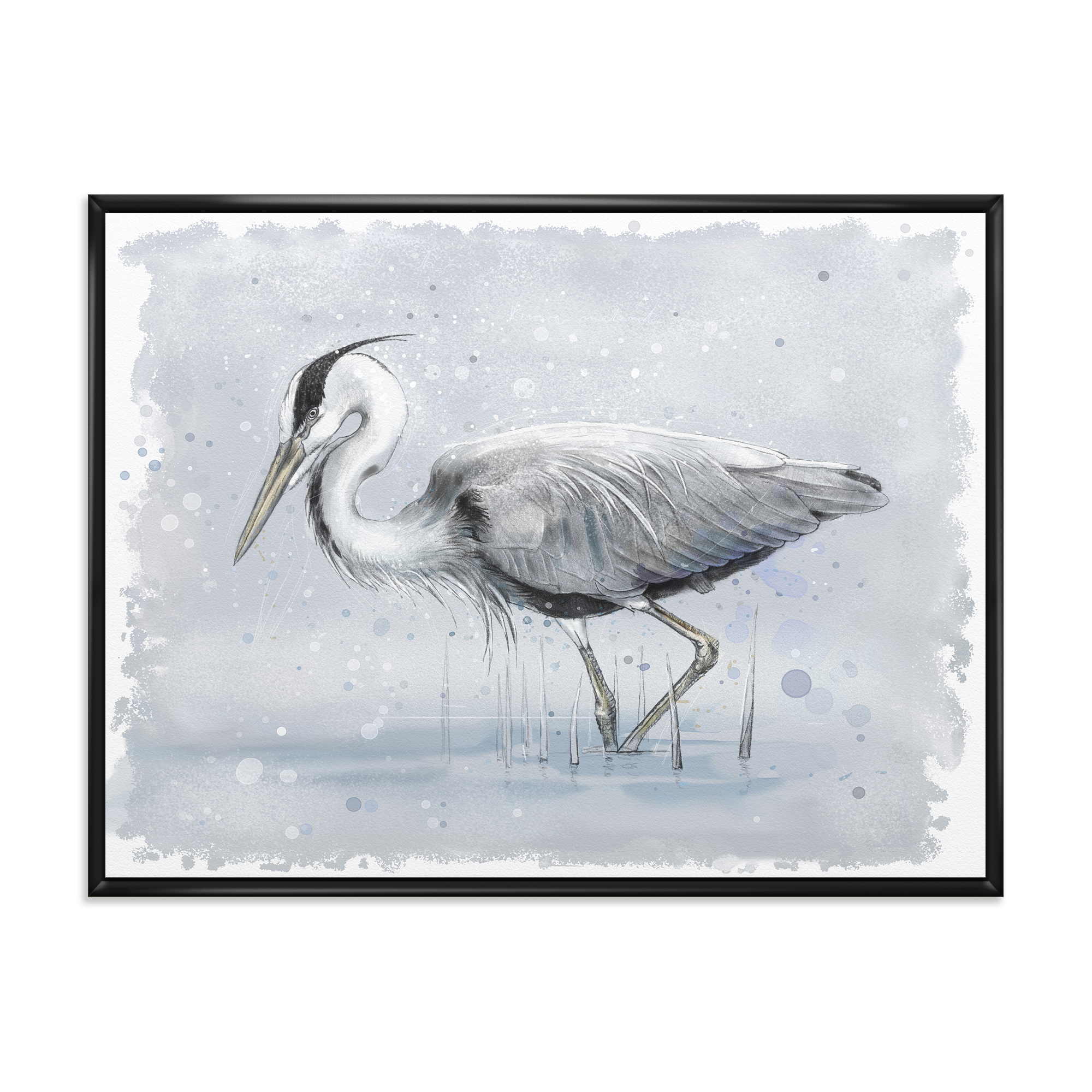 Grey Heron Bird In Lake 40 in x 30 in Framed Painting Canvas Art Print, by Designart