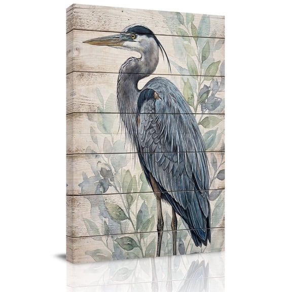 Grey Heron Canvas Wall Art for Living Room, Green Leafy Branches Wooden Grain Rustic Farmhouse Poster Print Painting for Bedroom Office Home Decoration Wall Pictures Prepare To Hang 12"x12"