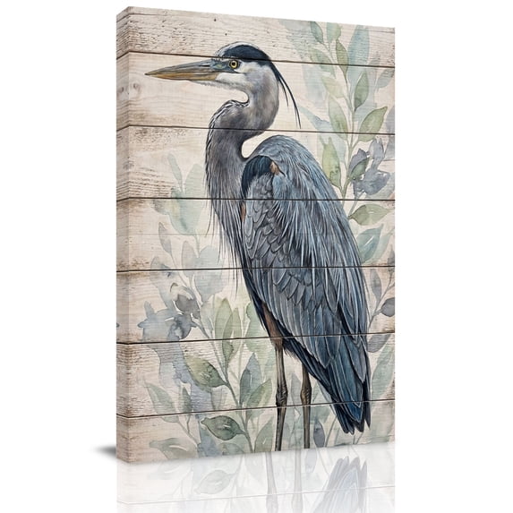Grey Heron Canvas Wall Art for Living Room, Green Leafy Branches Wooden ...