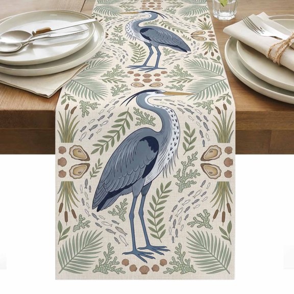 Grey Heron Cotton Linen Table Runner Vintage Green Leaf Wooden Grain Reed Stems Rustic Farm Dining Table Runners for Home Decor Party Dining Room Restaurant Kitchen Party 13" x 36"