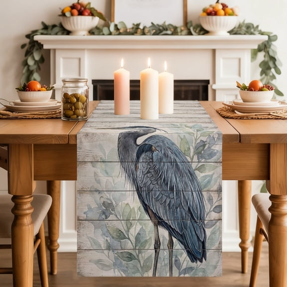 Grey Heron Dining Table Runner, Green Leafy Branches Wooden Grain Rustic Farmhouse Washable Table Runners Kitchen Coffee Table Center Decor for Home Party Holiday Wedding 13 x 120 Inches