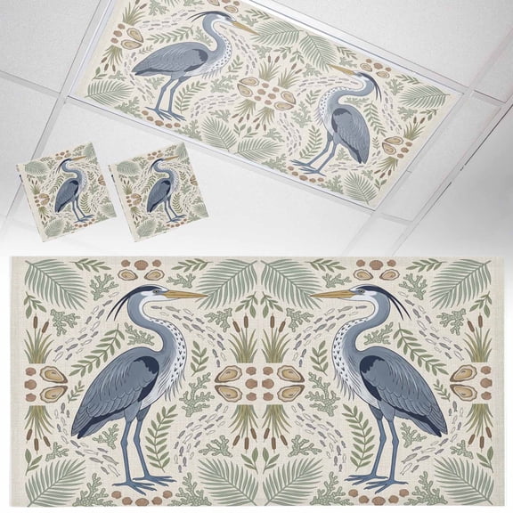 Grey Heron Fluorescent Light Covers Vintage Green Leaf Wooden Grain Reed Stems Rustic Farm Magnetic Light Filters Ceiling Lighting Panel Shade for Classroom Office Home 2 x 4 ft, 2 Pack