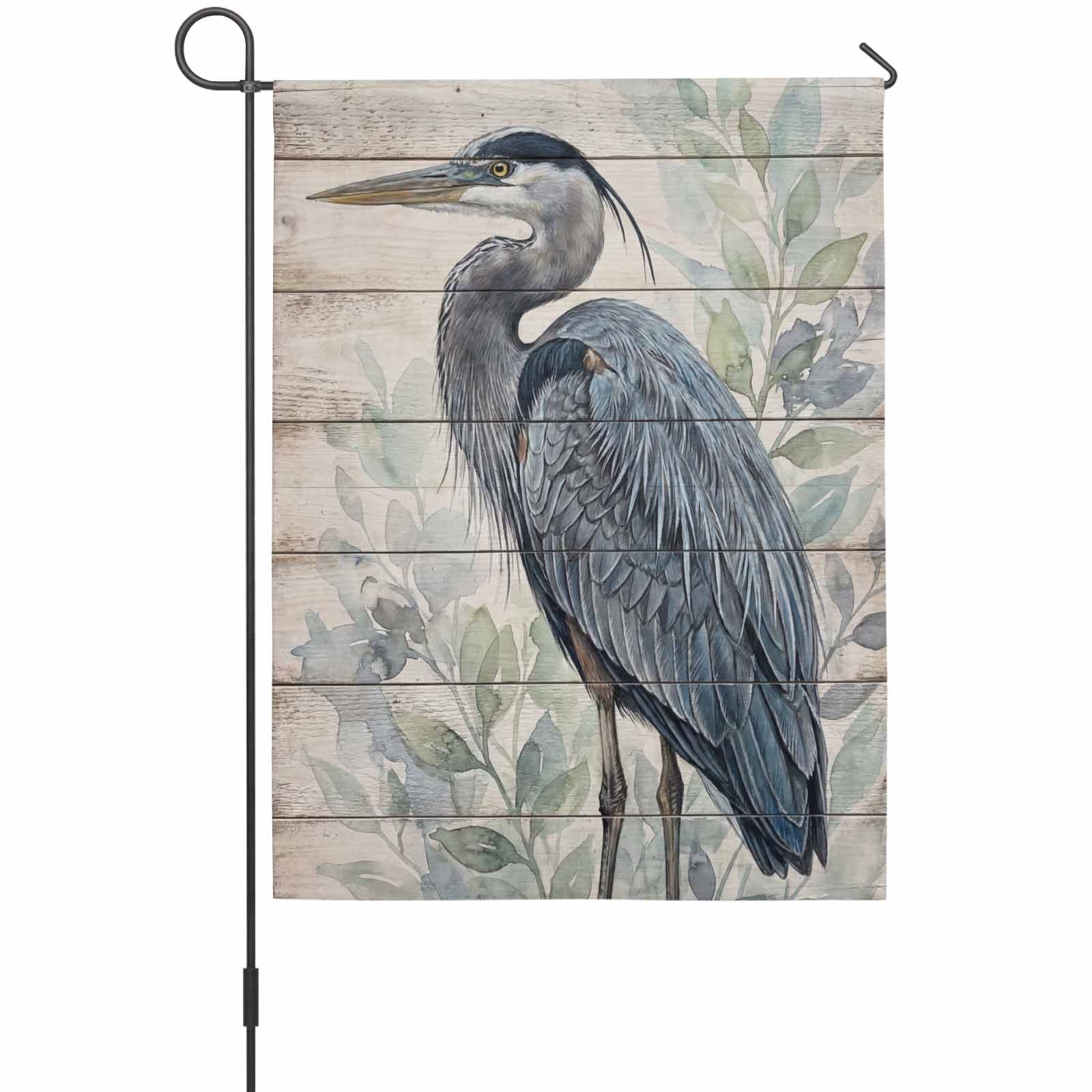Grey Heron House Flag 28 x 40 Inches, Green Leafy Branches Wooden Grain Rustic Farmhouse Weather Proof Outdoor Patio Flags Double Sided Small House Decoration for Yard Lawn Outside Home