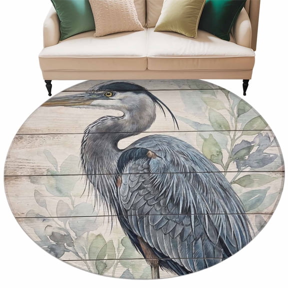 Grey Heron Round Living Room Rugs 7 ft, Green Leafy Branches Wooden Grain Rustic Farmhouse Washable Area Rug with Non-Slip Sturdy Edge Binding Round Carpet for Kitchen Office Bedroom