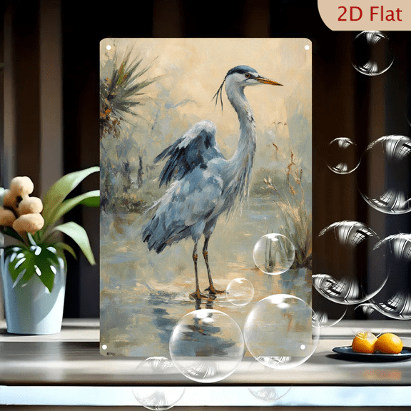 Grey Heron in Shallow Water Wall Art, 8x12 Inches Metal Tin Sign, Impressionist Bird Painting with Palm Foliage, Rustic Home Decor for Kitchen Living Room