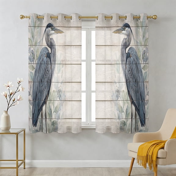 Grey Heron Sheer Curtains 39 Inch Long 2 Panels, Green Leafy Branches Wooden Grain Rustic Farmhouse Light Filtering Semi Sheer Drapes Grommet Voile Window Curtain for Living Bedroom W27.9 x L39