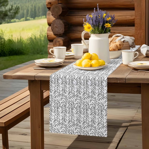 Grey Herringbone Art Table Runner 13x36in Non-Slip Cotton Linen Table Runners, Abstract Geometric Striped Dresser Scarves TableRunner for Dinner Kitchen Dining Wedding Party