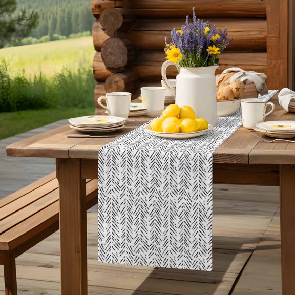 Grey Herringbone Art Table Runner 13x48in Non-Slip Cotton Linen Table Runners, Abstract Geometric Striped Dresser Scarves TableRunner for Dinner Kitchen Dining Wedding Party