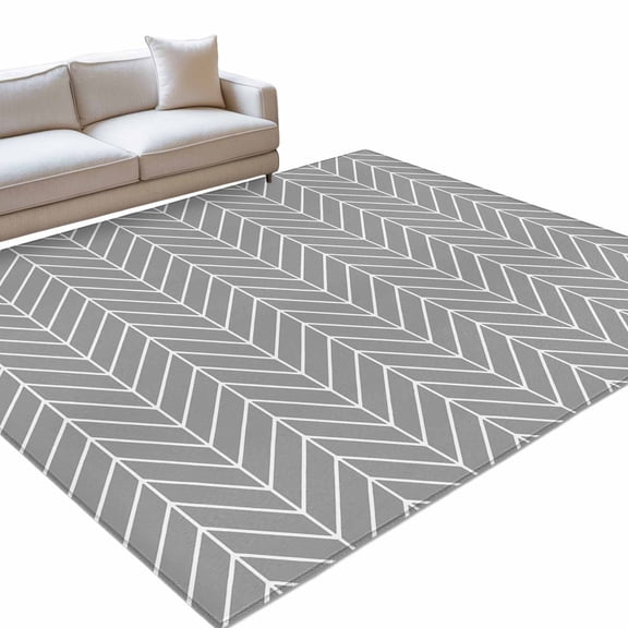 Grey Herringbone Stripes 6x9ft Non Slip Area Rug Modern Abstract Geometric Gray Simple Lines Washable Soft Area Rugs for Living Room, Indoor Circle Carpet for Bedroom Dining Room Kitchen