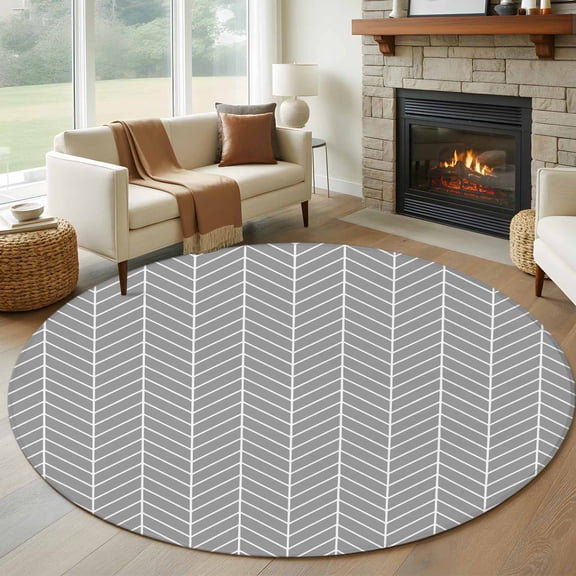 Grey Herringbone Stripes Round Living Room Rugs 8 ft, Modern Abstract Geometric Gray Simple Lines Washable Large Area Rug with Non-Slip Sturdy Edge Binding Round Carpet for Dining Room Kitchen Office