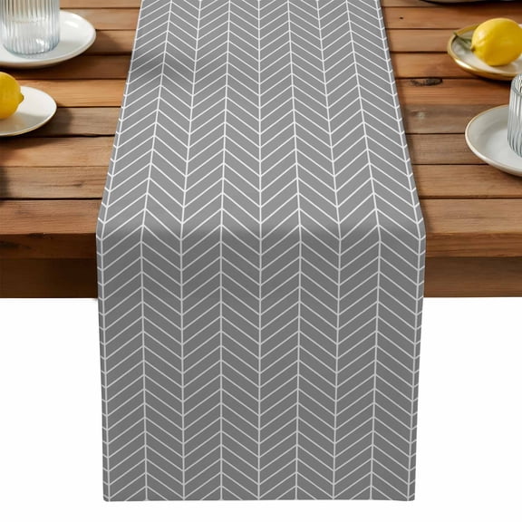 Grey Herringbone Stripes Table Runner, Modern Abstract Geometric Gray Simple Lines Washable Kitchen Table Runners Dress Scarves for Dining Table Decorations Party, 13x36in