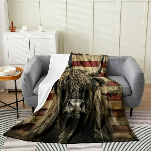 Grey Highland Cattle Queen 90x90 Throw Blanket,Funny Cow Bull Fleece Blanket,American Flag Blanket,Woodland Animal Fuzzy Blanket For Home Room Decor,Warm All Season