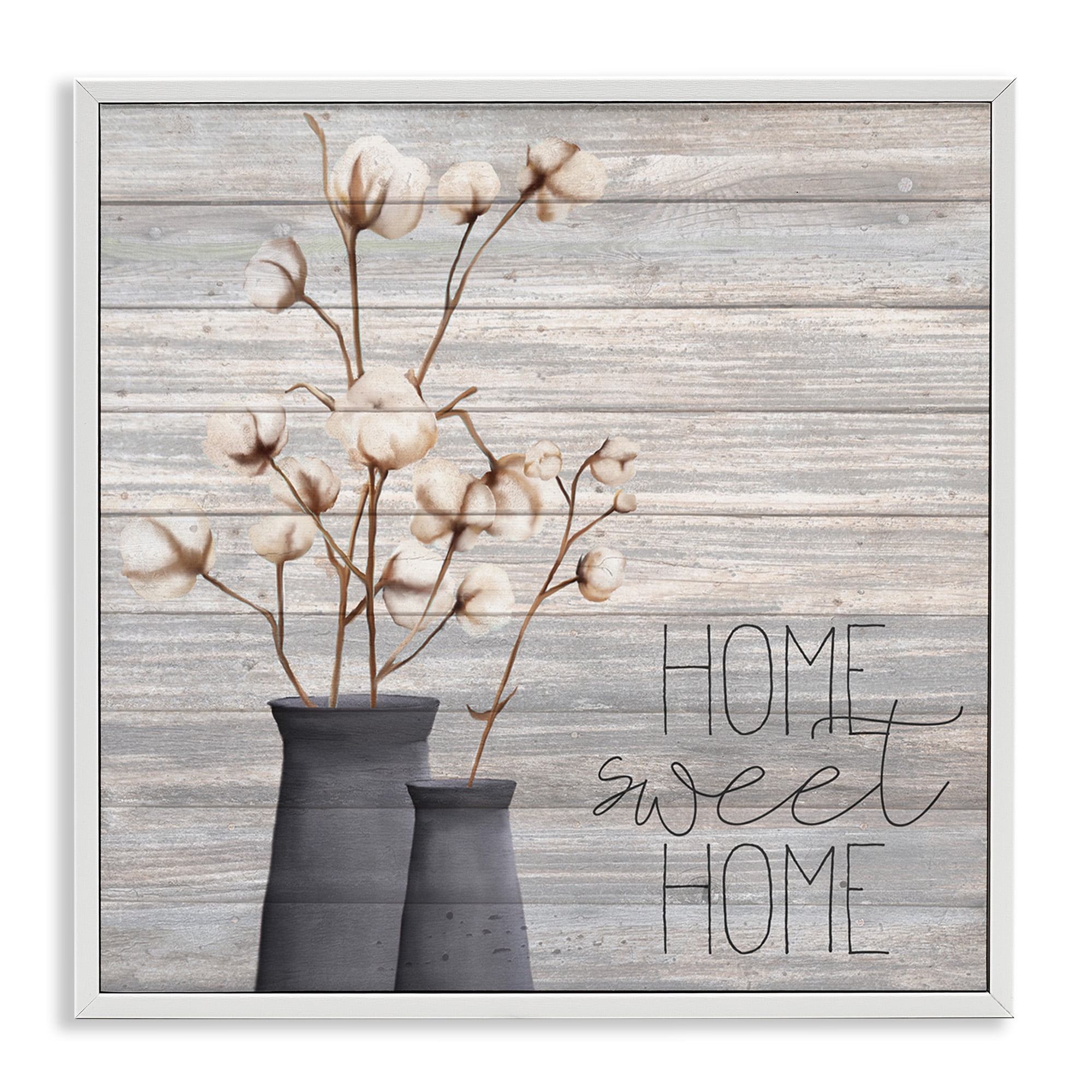 Grey Home Sweet Home Cotton Flowers in Vase Botanical & Floral Framed Art Print Wall Art, 17x17