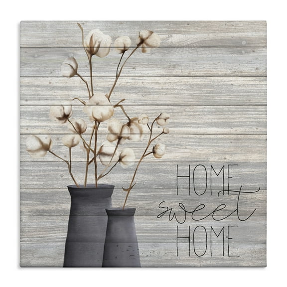 Grey Home Sweet Home Cotton Flowers in Vase Botanical & Floral Gallery-Wrapped Canvas Print Wall Art, 17x17