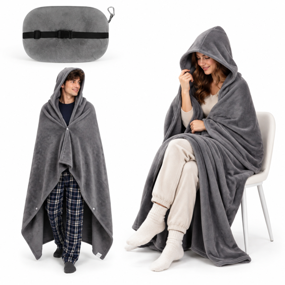 Grey Hooded Fleece Travel Blanket for Airplane Commuting and Daily Use